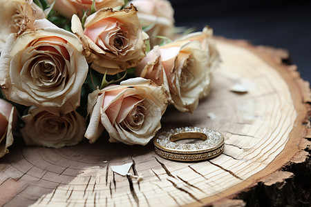 婚礼戒指枯萎的玫瑰花与戒指背景