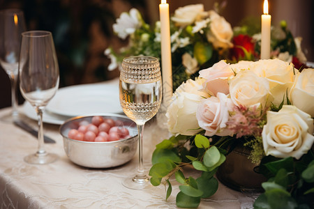 婚礼餐桌上的红酒杯图片