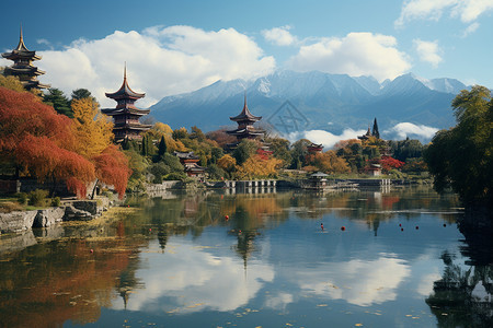 山间优雅的古寺与池塘图片