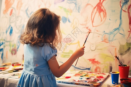 小女孩在墙上用画笔绘画图片