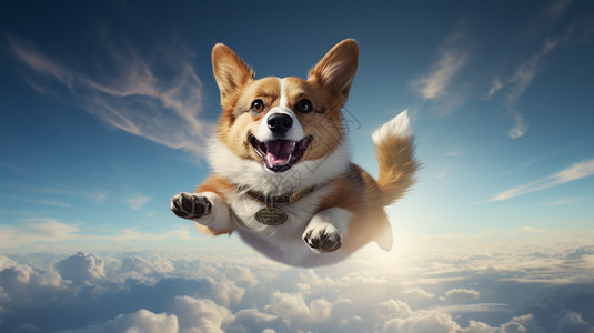 空中快乐的柯基犬图片