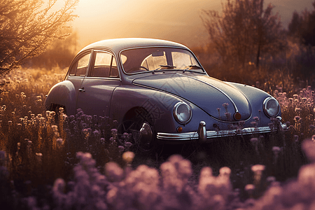 花田夕阳下的老式汽车背景图片