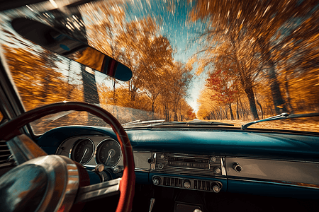 秋天公园行驶的老式汽车图片