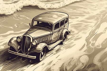 老式汽车在海浪上行驶图片
