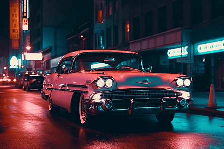 霓虹灯街道的复古汽车图片