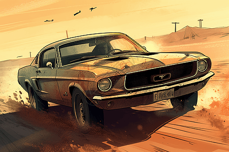 沙漠平原的汽车插图图片