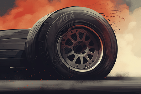 黑色路面燃烧的赛车轮胎插画
