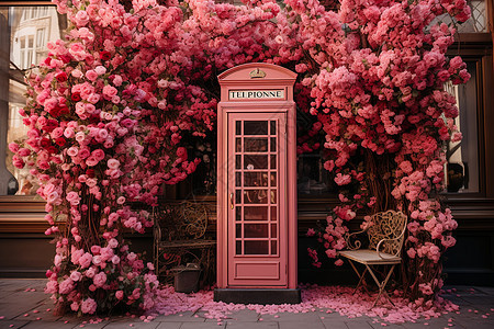 被鲜花包围的粉色电话亭图片