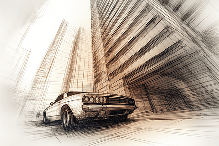 摩天大楼前的汽车素描图片