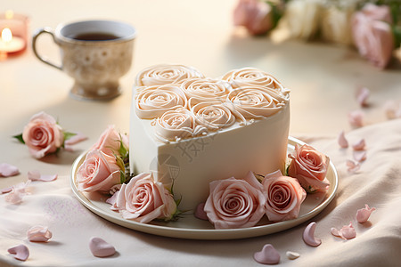 盘子中的心形玫瑰蛋糕图片