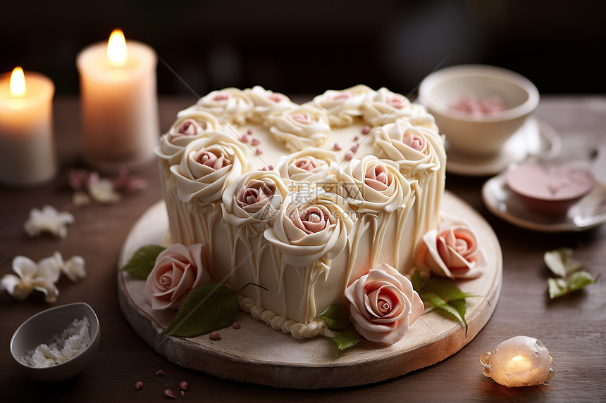 唯美的玫瑰花心形蛋糕图片