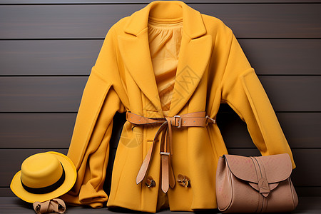 女士风衣针织帽与钱包摆在墙边桌子上的黄色大衣背景