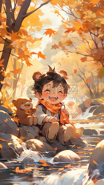 秋日溪边的小男孩图片