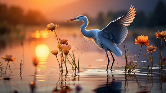 落日时湖上的飞鸟图片