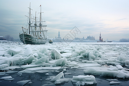 冬季河面上航行的破冰船背景图片