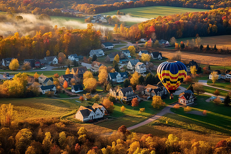 彩色小镇小镇空中漂浮的彩色热气球背景