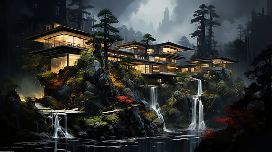 温泉瀑布艺术概念的现代建筑插画