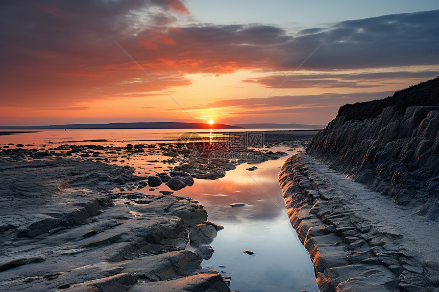 岩石海滩的日落美景图片
