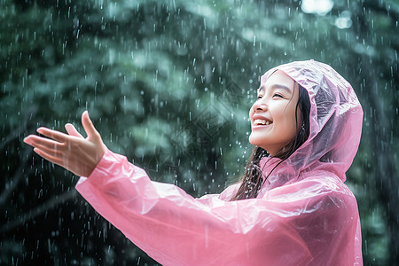 穿着粉色雨衣的女子在雨中图片