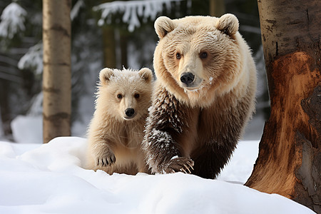 雪地里的熊母子高清图片