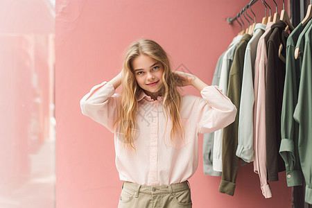 一位可爱少女在粉色墙边衣架前图片