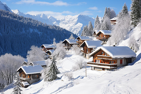 山水墨雪山冬季村庄背景