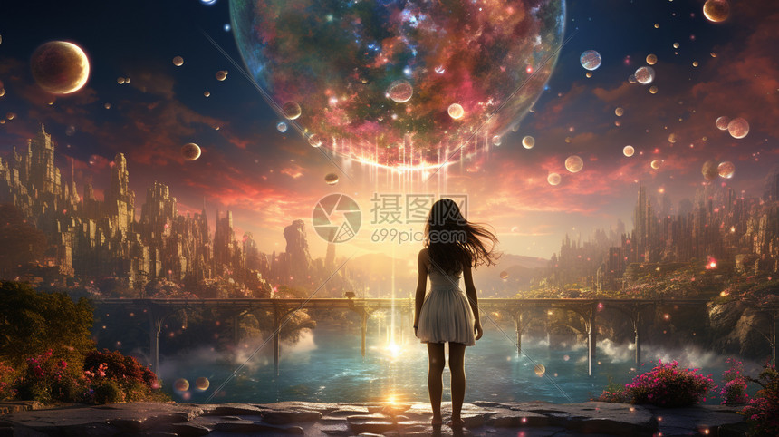 星空宇宙下的小女孩图片