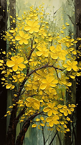 树枝上开满了黄花油画高清图片