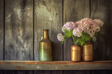 木桌上的复古金属花瓶图片