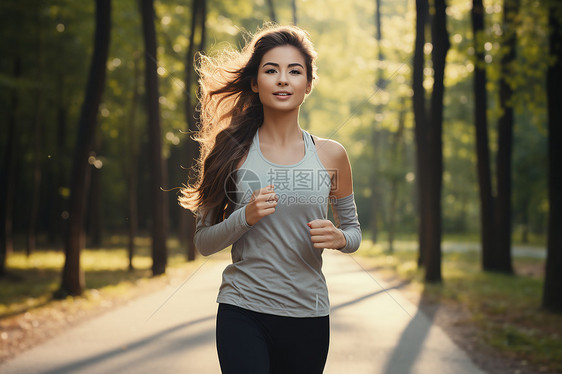 清澈林间跑步的女子图片