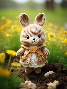 卡通蒲公英花丛中的针织小兔背景