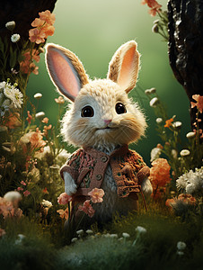 草地上的卡通针织小兔背景图片