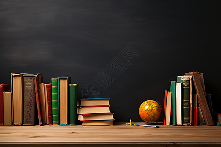 黑板前的书籍和教学用具背景图片
