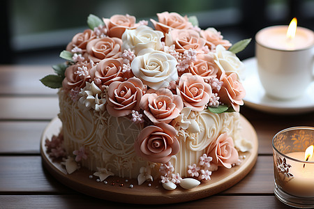 奶油蛋糕上点缀玫瑰花图片