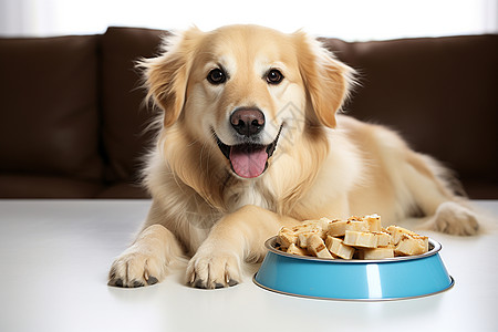 小狗狗趴在装满食物的狗碗旁高清图片
