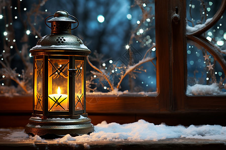 冬日窗前烛光闪烁背景图片
