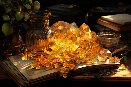 书堆上的黄色水晶，旁边是一瓶植物。图片
