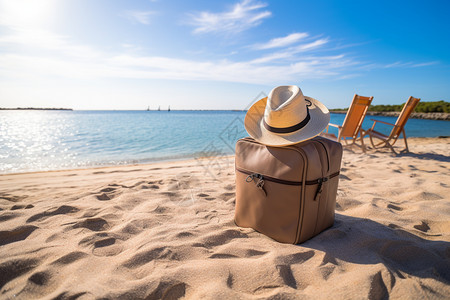 沙滩上的手提包和太阳帽图片