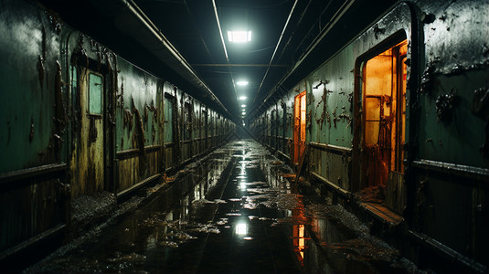 废弃走廊里的生锈铁门图片