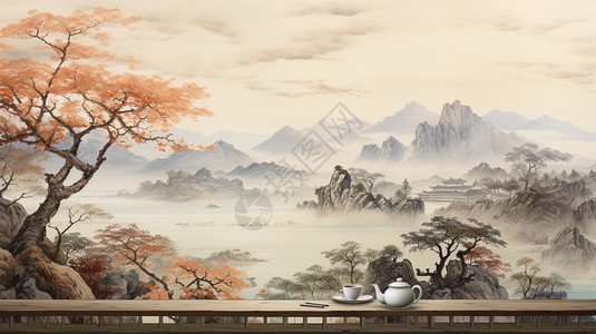 聊天喝茶中国山水意境插画