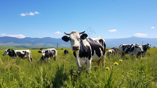 雪山草地蓝天下的奶牛群背景
