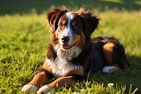 快乐的狗狗在草坪上图片
