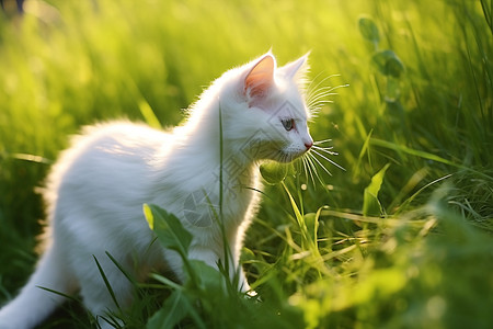 白色小猫在草地上背景图片