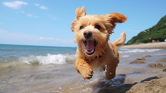 在海边奔跑的狗狗图片