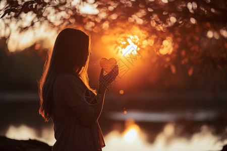 女士背影湖边夕阳下的女子背景