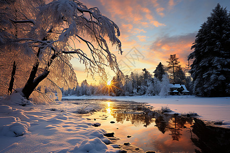 走进湖畔森林冬日大雪湖畔背景