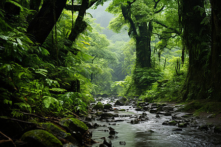 绿色森林中的溪流图片