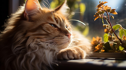 躺在窗台上的橙色虎斑猫抬头图片