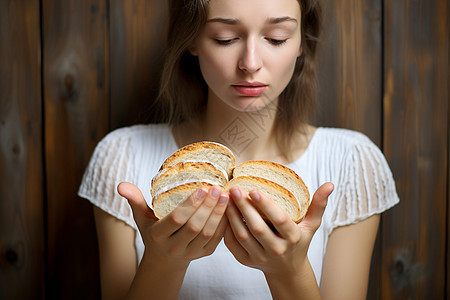 手拿面包的外国女子图片