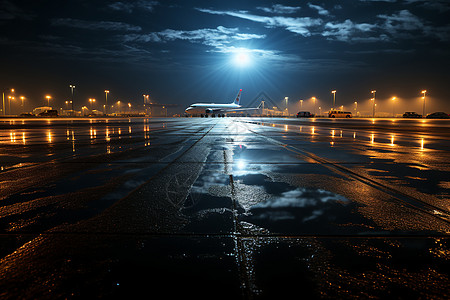 夜空飞机夜晚机场跑道上的飞机背景